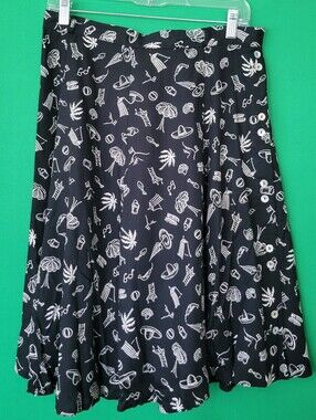Rebecca Thomas Black A-Line Skirt Pleated Summer Novelty Motif Sz 14 Vtg 90s Y2k